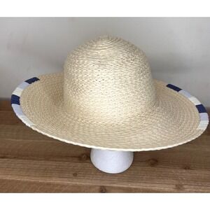 LC Lauren Conrad Women's Packable Straw‎ Sun Hat Beige Navy Blue Striped Brim